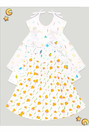 Kidbea Infant Girls Pack Of 3 Conversational Printed Round Neck Cotton Fit & Flare Dress