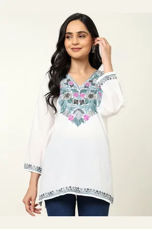 CRAFTBAZAR Floral Embroidered Notched Pure Cotton Straight Kurti