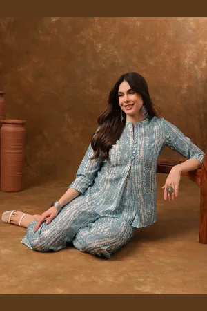 Anouk Blue Printed Top With Straight Fit Trousers
