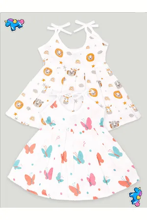 Kidbea Infant Girls Pack Of 2 Conversational Printed Round Neck Cotton Fit & Flare Dress