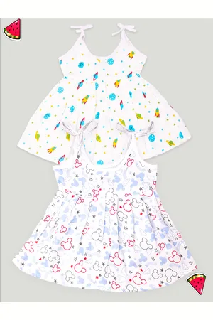 Kidbea Infant Girls Pack Of 2 Conversational Printed Round Neck Cotton Fit & Flare Dress