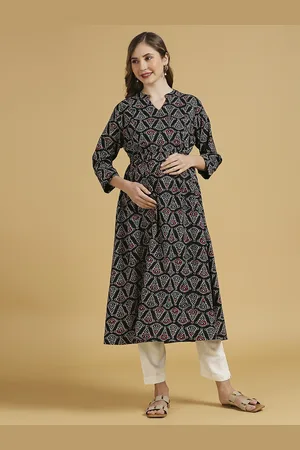 MomToBe Mandarin Collar Geometric Printed Pure Cotton Maternity Kurta