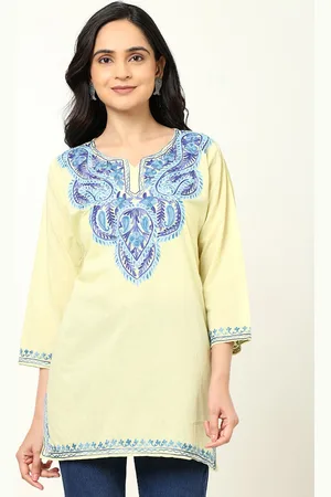 CRAFTBAZAR Floral Embroidered Notched Pure Cotton Straight Kurti