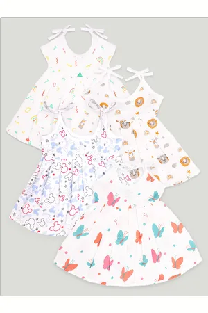 Kidbea Infant Girls Pack Of 4 Conversational Printed Round Neck Cotton Fit & Flare Dress