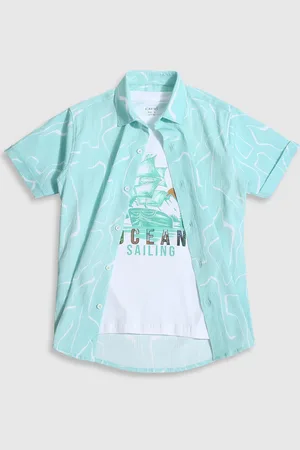 CAVIO Boys Standard Fit Textured Abstract Printed Spread Collar Short Sleeves Casual Shirt