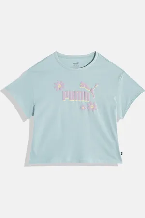 PUMA Girls Graphics Summer Flower & Brand Logo Print Pure Cotton Relaxed Fit Crop T-shirt