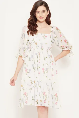 Bitterlime Floral Print Square Neck Puff Sleeve Georgette Fit & Flare Dress