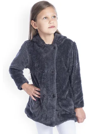 Cherry Crumble Girls Grey Solid Double-Breasted Hooded Wrap Fur Coat
