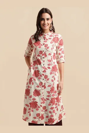 Mirchi Fashion Floral Printed Mandarin Collar Roll-Up Sleeves A-Line Kurta