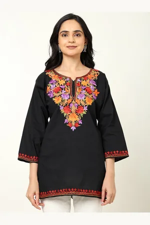 CRAFTBAZAR Floral Embroidered Notched Pure Cotton Straight Kurti