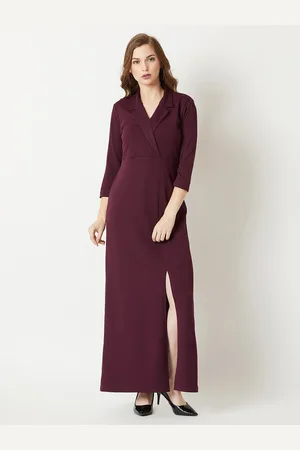 Chemistry Women Wine Solid Front Slit A-line Maxi Blazer Dress