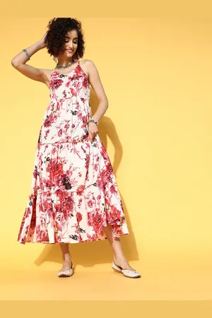 Kalini Floral Printed Shoulder Straps Cotton A-Line Midi Dress