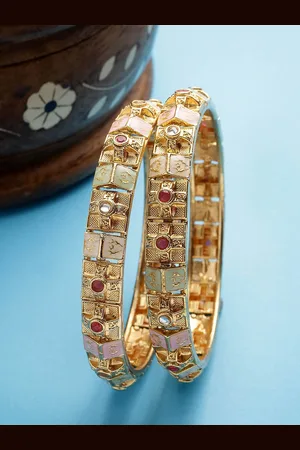 karatcart Set of 2 Gold-Plated Kundan-Studded Meenakari Bangles
