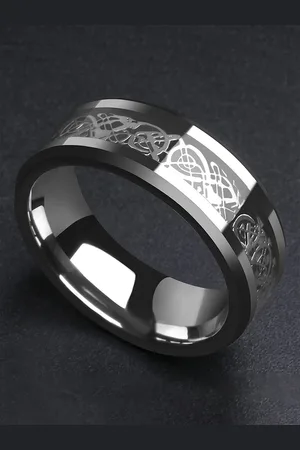 Yellow Chimes Black & Silver-Toned Dragon Celtic Inlay Stainless Steel Band Finger Ring