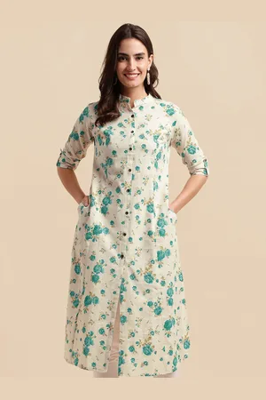 Mirchi Fashion Floral Printed Mandarin Collar Roll-Up Sleeves A-Line Kurta