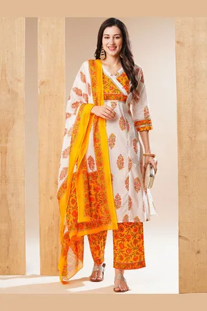 Globus Off White Floral Printed Panelled Pure Cotton Straight Kurta & Trousers & Dupatta