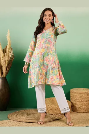 Sangria Floral Printed V Neck Kurta With Trousers