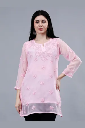 Seva Chikan Ethnic Motifs Embroidered Notch Neck Chikankari Straight Kurti With Slip