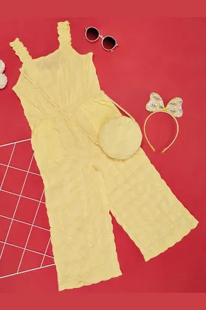 Pantaloons Girls Self Design Square Neck Basic Jumpsuit With Hand Bag