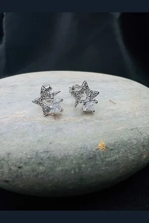 ARTE 925 Sterling Silver Silver-Plated Cubic Zirconia Star Shaped Stud Earrings