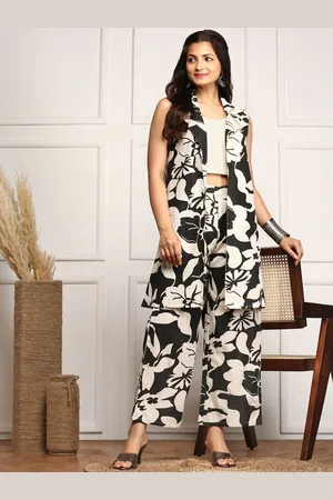 Ishin Floral Printed Pure Cotton Top & Trousers With Shrug