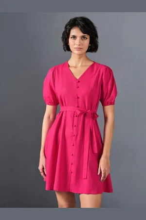 AND V-Neck Puff Sleeve A-Line Dress