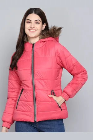 KOTTY Women Pink Solid Outdoor Parka Jacket with Faux Fur Trim