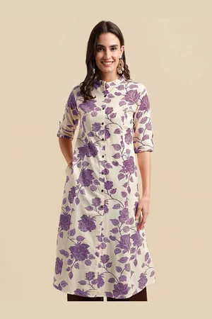 Mirchi Fashion Floral Printed Mandarin Collar Roll-Up Sleeves A-Line Kurta