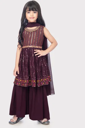 Betty Girls Floral Embroidered Empire Sequinned Anarakali Kurta With Sharara & Dupatta