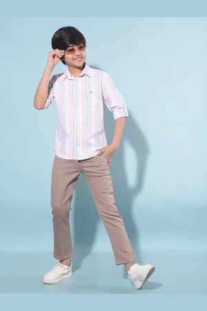 Crimsoune Club Boys Classic Striped Spread Collar Slim Fit Cotton Casual Shirt