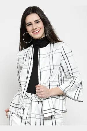 Sera Women White Checked Open Front Jacket