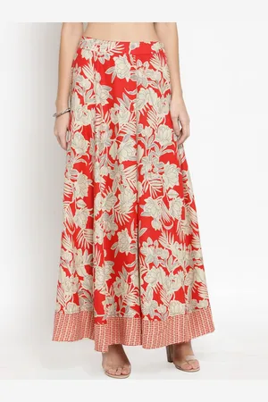Sera Women Red Floral Print Maxi Pure Cotton Skirt