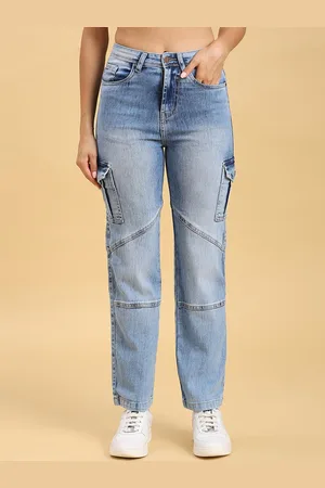 HJ HASASI Women Straight Fit High-Rise Heavy Fade Stretchable Cargo Jeans
