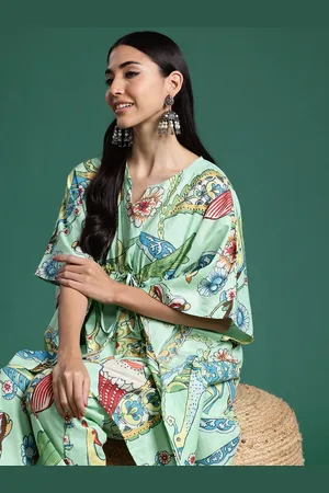 Sangria Green Floral Printed Jacquard Pleated Kaftan Pure Cotton Kurti with Palazzos