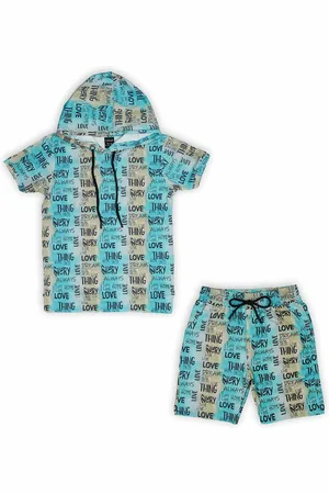 CAVIO Boys Typography Printed Hooded Pure Cotton T-Shirt With Trousers