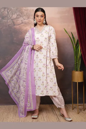 Vishudh Purple Printed Thread Work Pure Cotton A-Line Kurta With Salwar & Dupatta