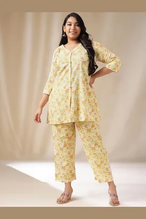 Janasya Plus Size Floral Printed Cotton Tunic With Trousers