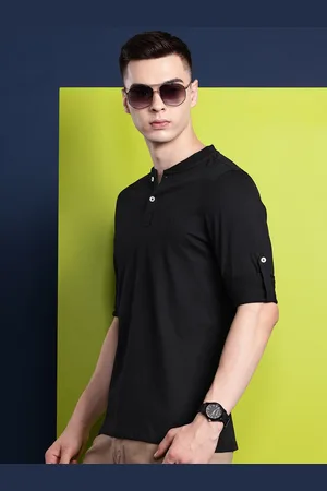 HANCOCK Men Henley Neck Roll-Up Sleeves Pure Cotton Bio Finish T-shirt