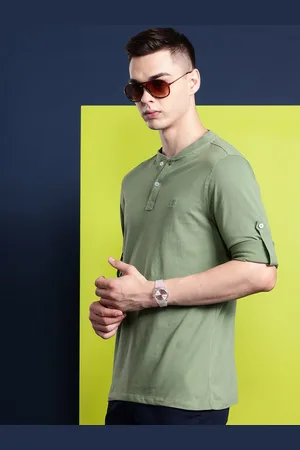 HANCOCK Men Henley Neck Roll-Up Sleeves Pure Cotton T-shirt