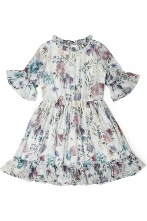 Allen Solly Girls Pure Cotton Floral Print Bell Sleeve Fit & Flare Dress