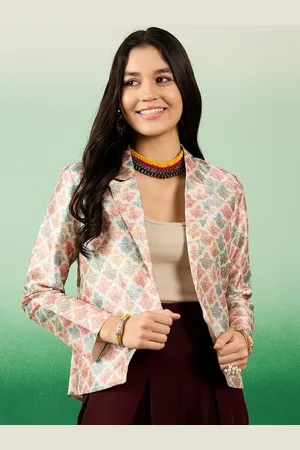 Sangria Beige Printed Peaked Lapel Front Open Blazer