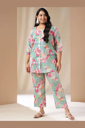 Janasya Plus Size Floral Printed Pure Cotton Shirt Collar Neck Tunic With Flared Trouser