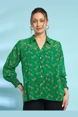 Antheaa Green Floral Print Georgette Shirt Style Top
