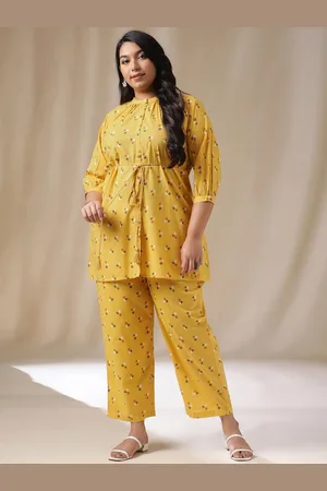 Janasya Plus Size Bandhani Printed Pure Cotton Tunic With Trousers