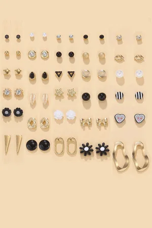 Jewels Galaxy Set Of 30 Gold Plated Crystals & Pearl Beaded Contemporary Stud Earrings