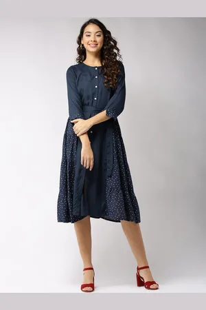 Sera Women Navy Blue Polka Dots A-Line Dress