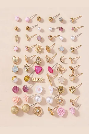 Jewels Galaxy Set Of 30 Gold Plated Crystals & Pearl Beaded Contemporary Stud Earrings