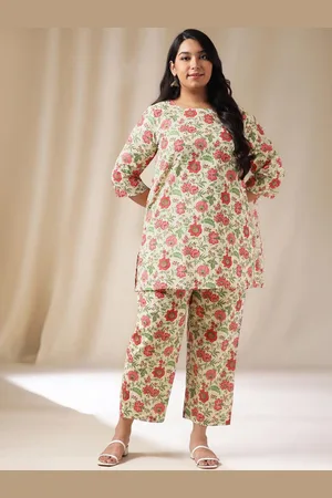 Janasya Plus Size Floral Print Pure Cotton Tunic & Trousers Co-Ords