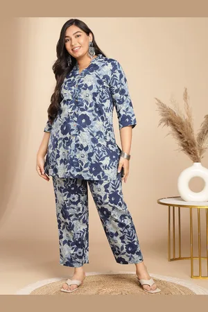 Janasya Plus Size Floral Printed V-Neck Shirt With Trousers