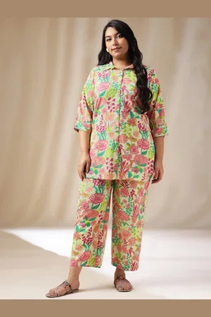 Janasya Plus Size Floral Printed Three Quarter Sleeve Shirt And Trouser